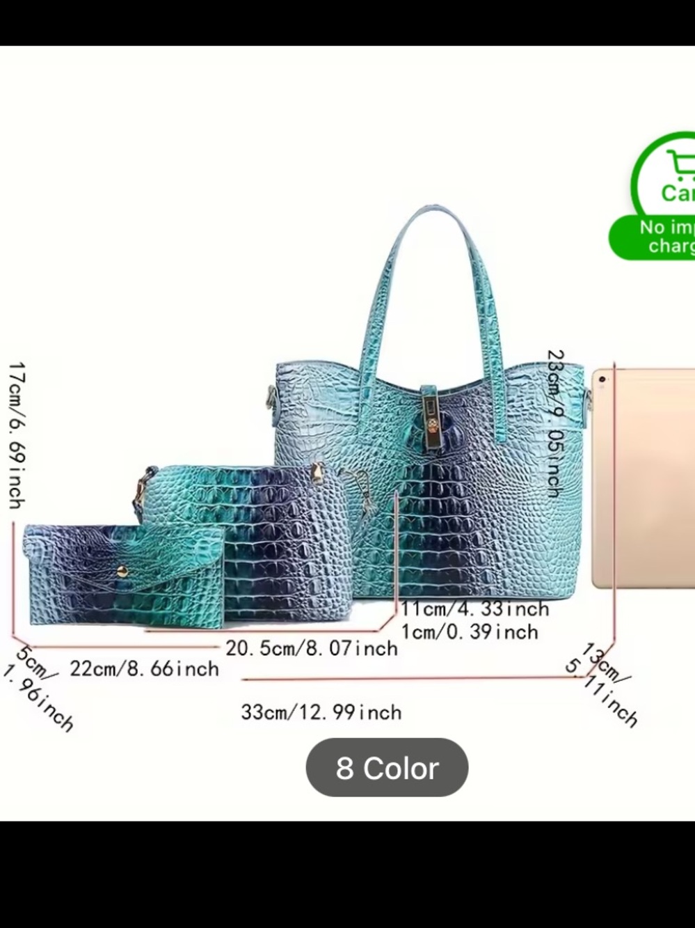 Lux Faux-Croc Tote Set in Blue-Red Ombre - Picture 2 of 5